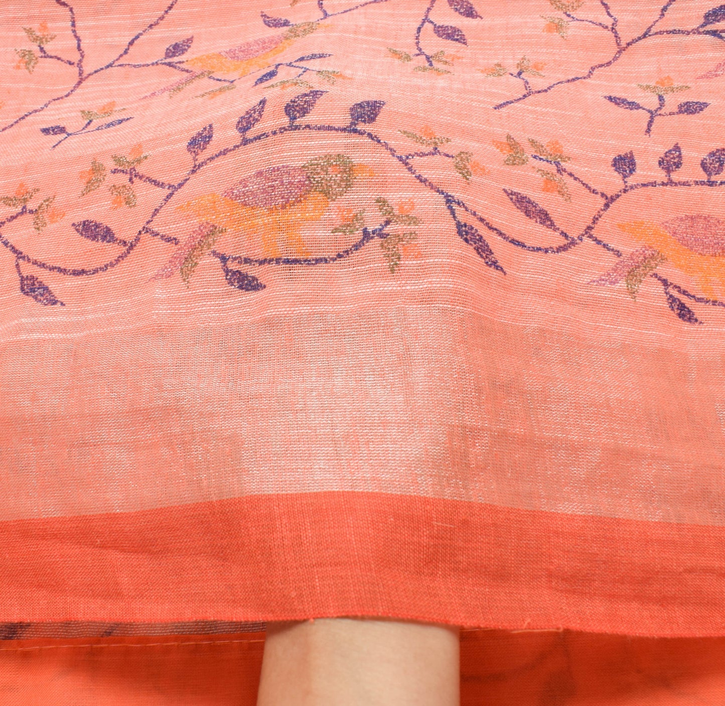 Sushila Vintage Peach Saree 100%Pure Cotton Hand Printed Birds Sari Craft Fabric
