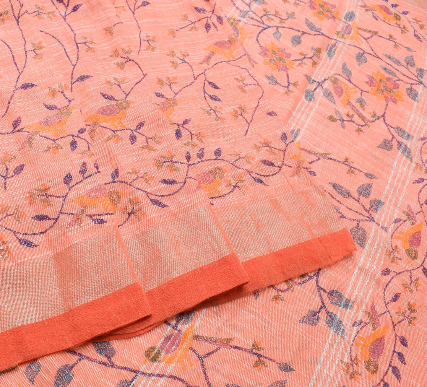 Sushila Vintage Peach Saree 100%Pure Cotton Hand Printed Birds Sari Craft Fabric