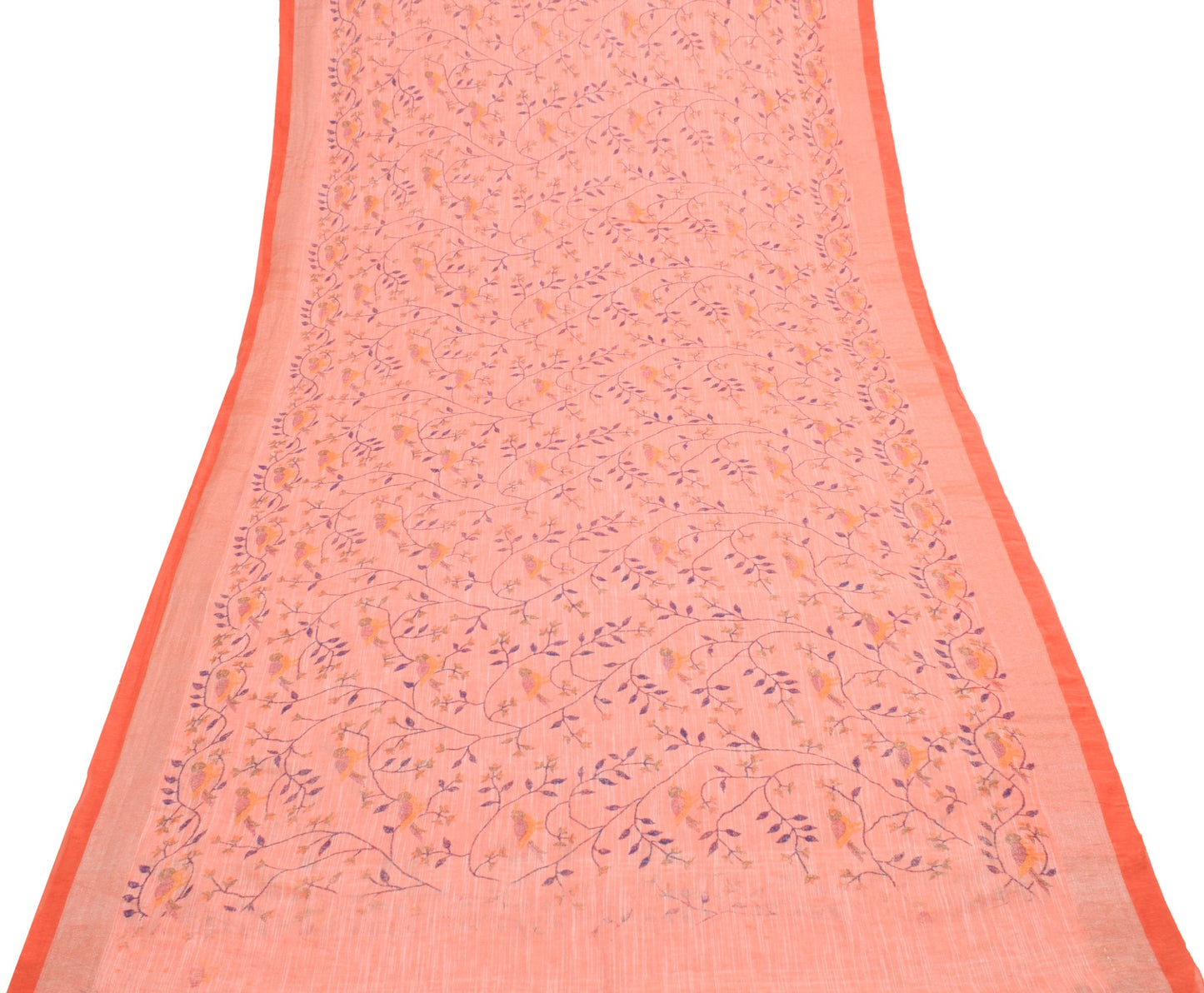 Sushila Vintage Peach Saree 100%Pure Cotton Hand Printed Birds Sari Craft Fabric
