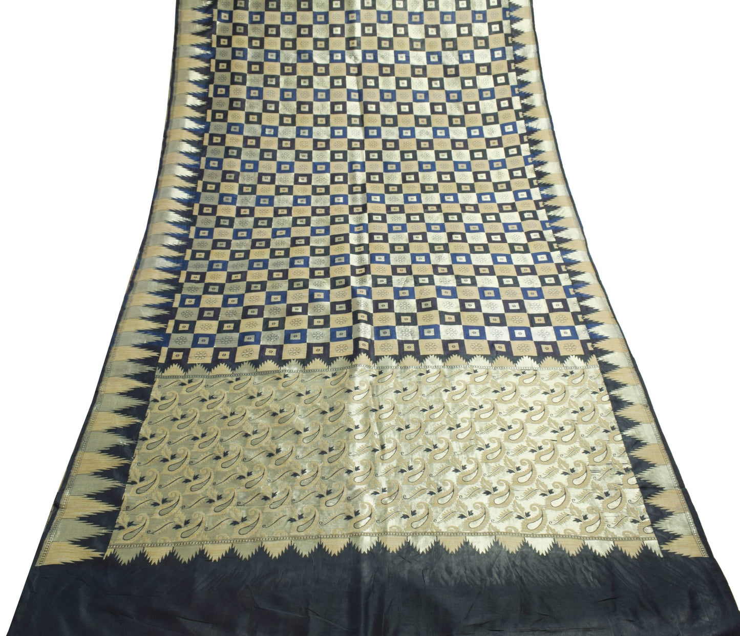 Sushila Vintage Dark Blue Saree 100% Pure Silk Checks Woven Wedding Sari Fabric