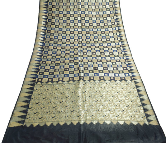 Sushila Vintage Dark Blue Saree 100% Pure Silk Checks Woven Wedding Sari Fabric