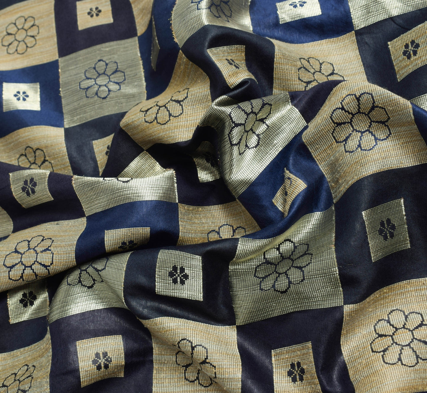 Sushila Vintage Dark Blue Saree 100% Pure Silk Checks Woven Wedding Sari Fabric