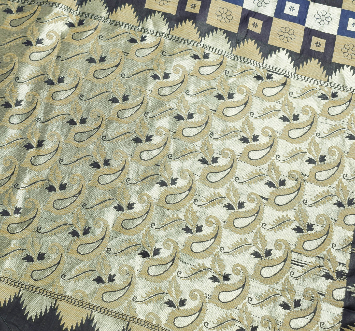 Sushila Vintage Dark Blue Saree 100% Pure Silk Checks Woven Wedding Sari Fabric