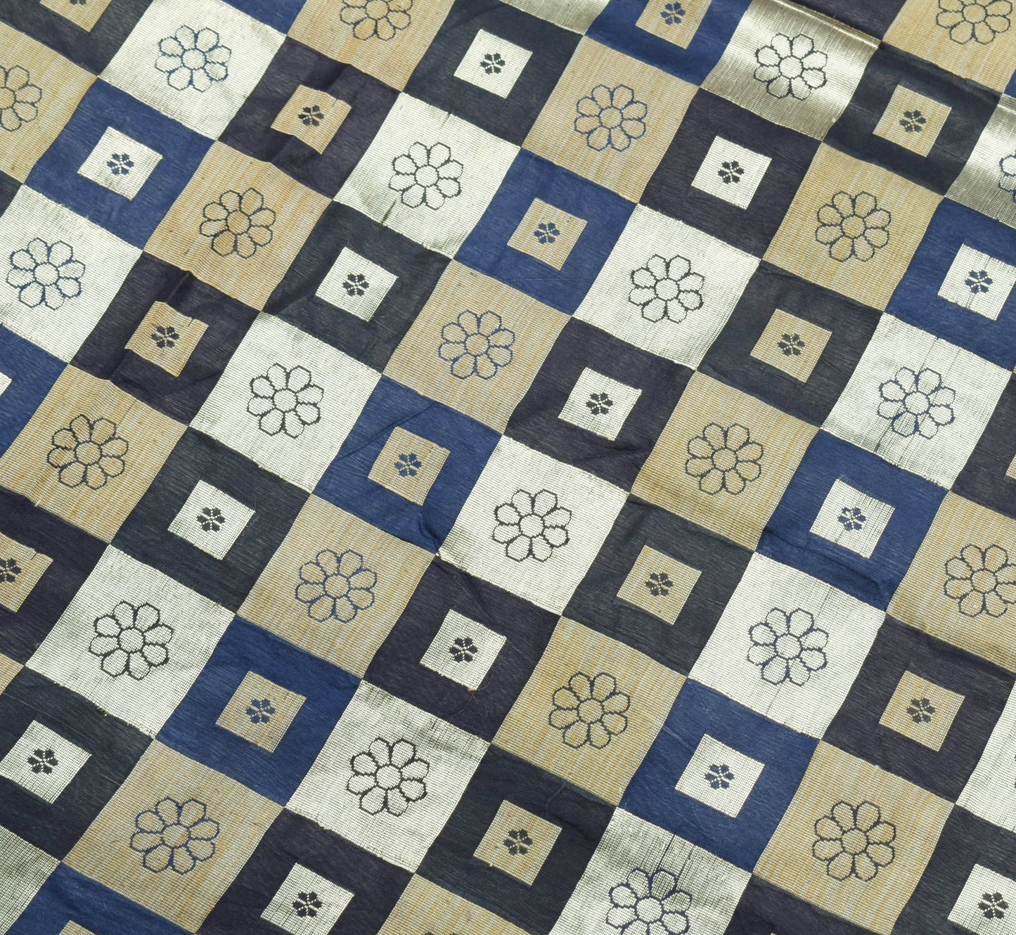 Sushila Vintage Dark Blue Saree 100% Pure Silk Checks Woven Wedding Sari Fabric