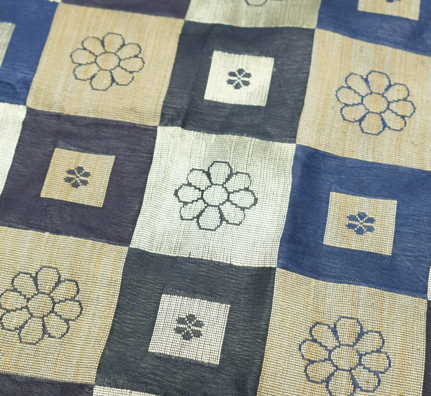 Sushila Vintage Dark Blue Saree 100% Pure Silk Checks Woven Wedding Sari Fabric
