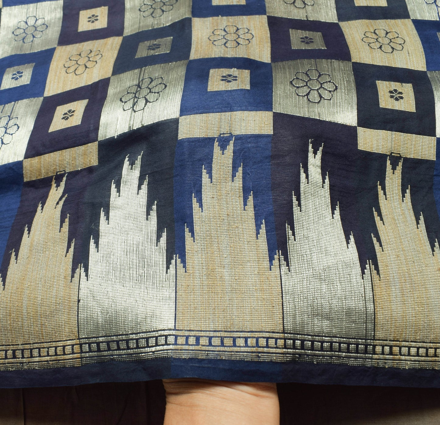 Sushila Vintage Dark Blue Saree 100% Pure Silk Checks Woven Wedding Sari Fabric