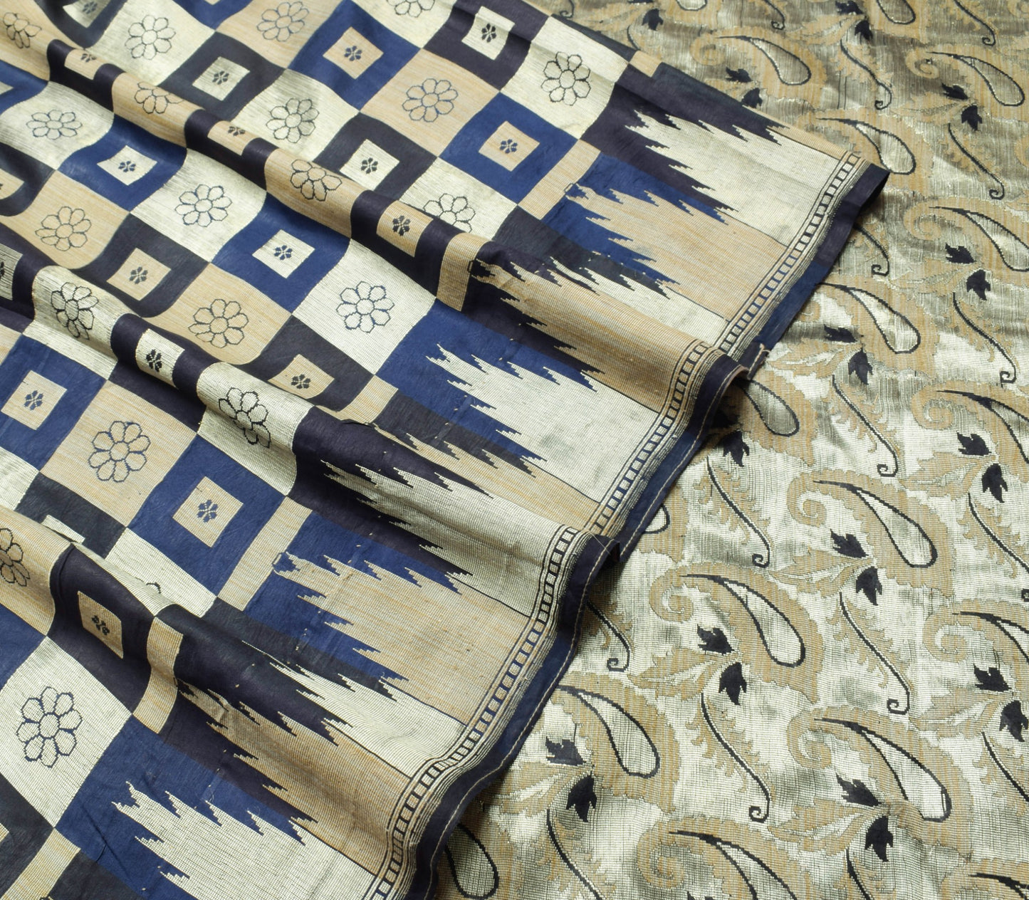 Sushila Vintage Dark Blue Saree 100% Pure Silk Checks Woven Wedding Sari Fabric