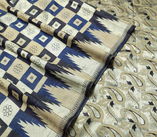 Sushila Vintage Dark Blue Saree 100% Pure Silk Checks Woven Wedding Sari Fabric
