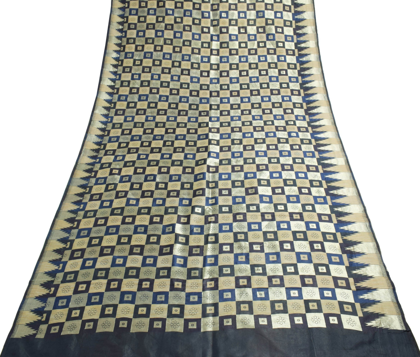 Sushila Vintage Dark Blue Saree 100% Pure Silk Checks Woven Wedding Sari Fabric