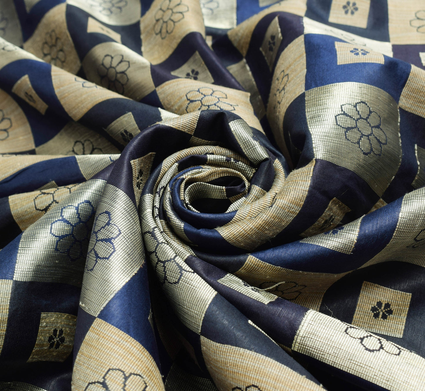 Sushila Vintage Dark Blue Saree 100% Pure Silk Checks Woven Wedding Sari Fabric