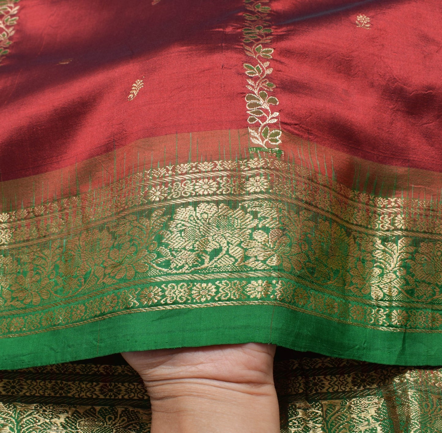 Sushila Vintage Maroon Wedding Silk Saree with Zari Brocade Green Border Fabric