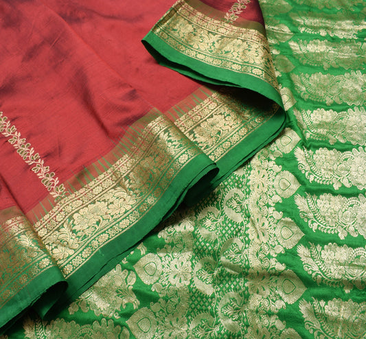 Sushila Vintage Maroon Wedding Silk Saree with Zari Brocade Green Border Fabric