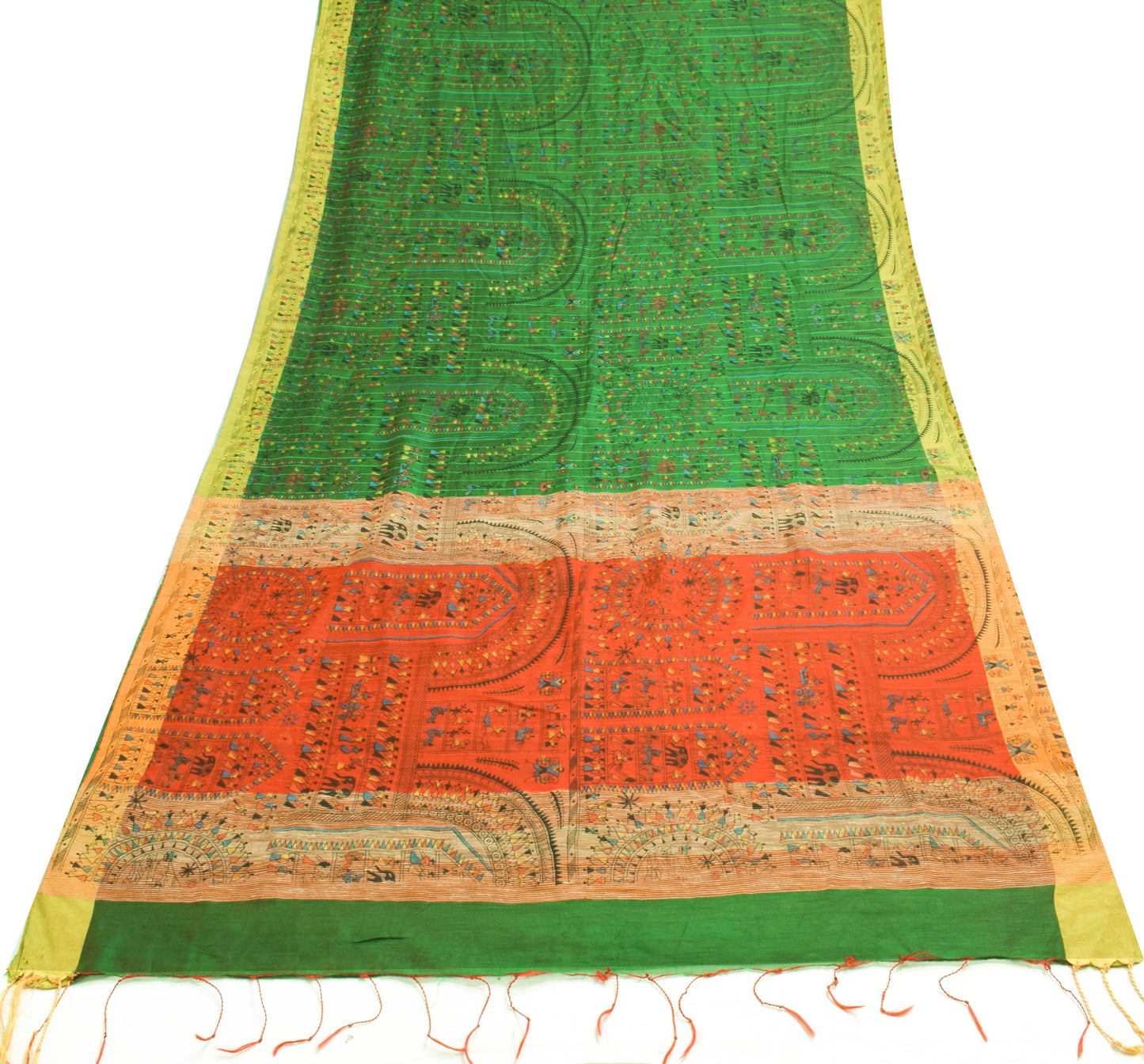 Sushila Vintage Warli Printed Art Silk Saree in Green and Red Sari Craft Fabric