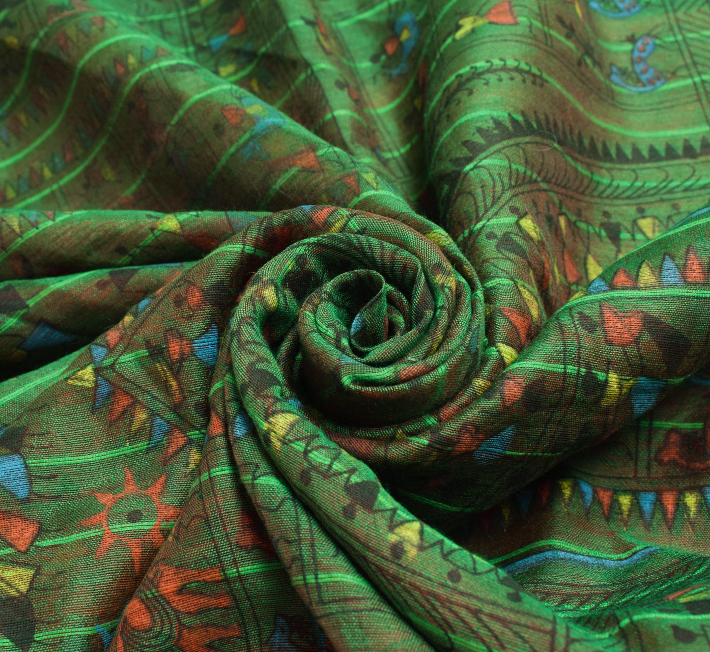 Sushila Vintage Warli Printed Art Silk Saree in Green and Red Sari Craft Fabric