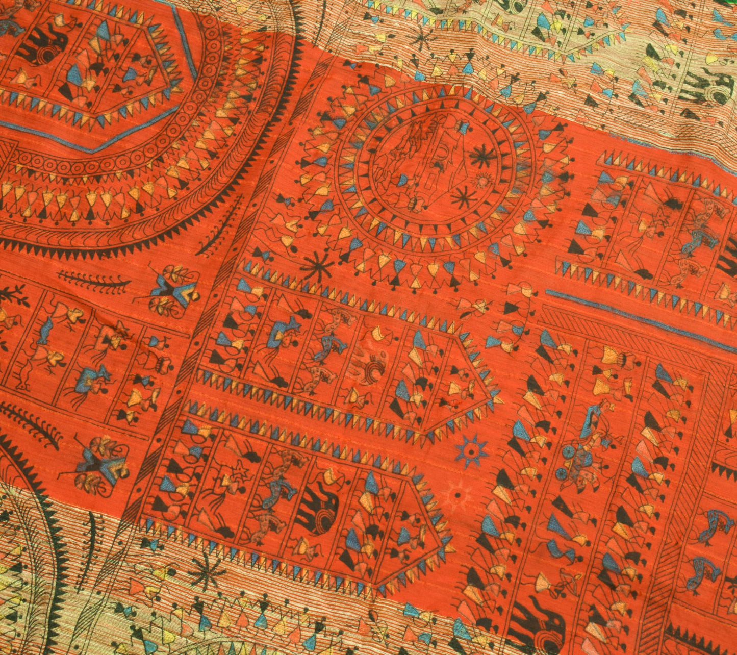 Sushila Vintage Warli Printed Art Silk Saree in Green and Red Sari Craft Fabric