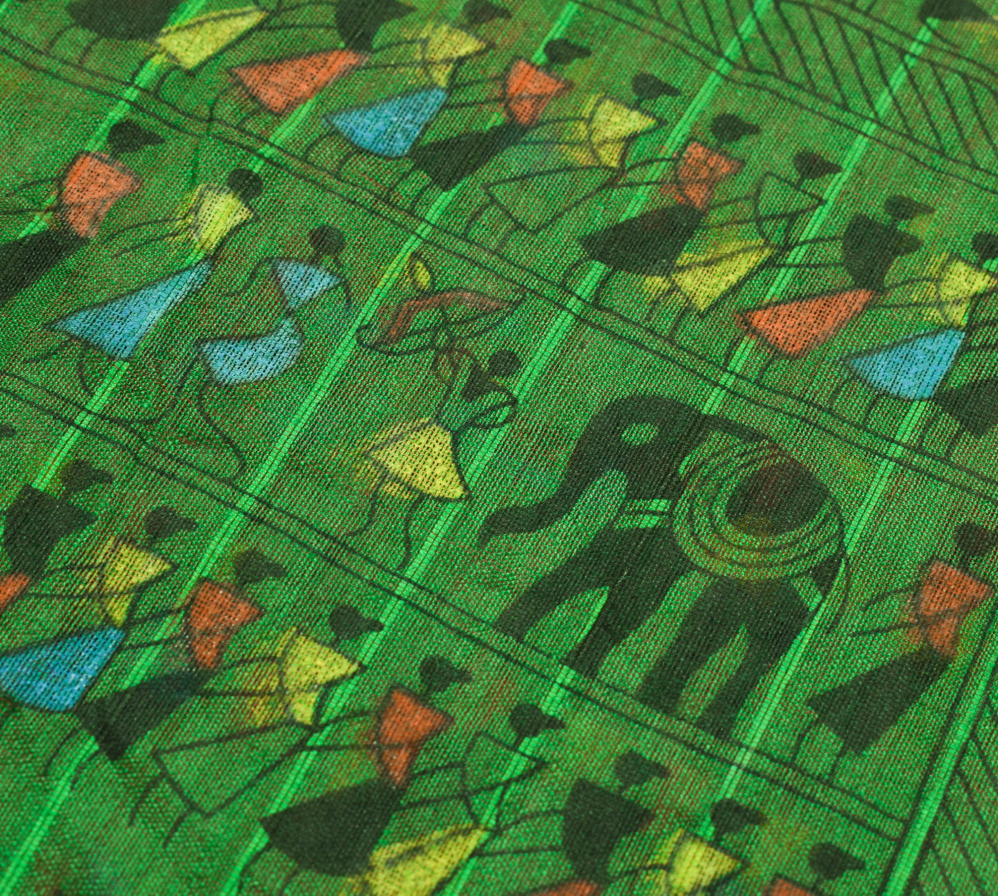 Sushila Vintage Warli Printed Art Silk Saree in Green and Red Sari Craft Fabric