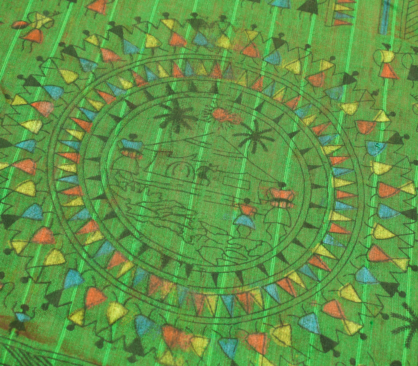 Sushila Vintage Warli Printed Art Silk Saree in Green and Red Sari Craft Fabric