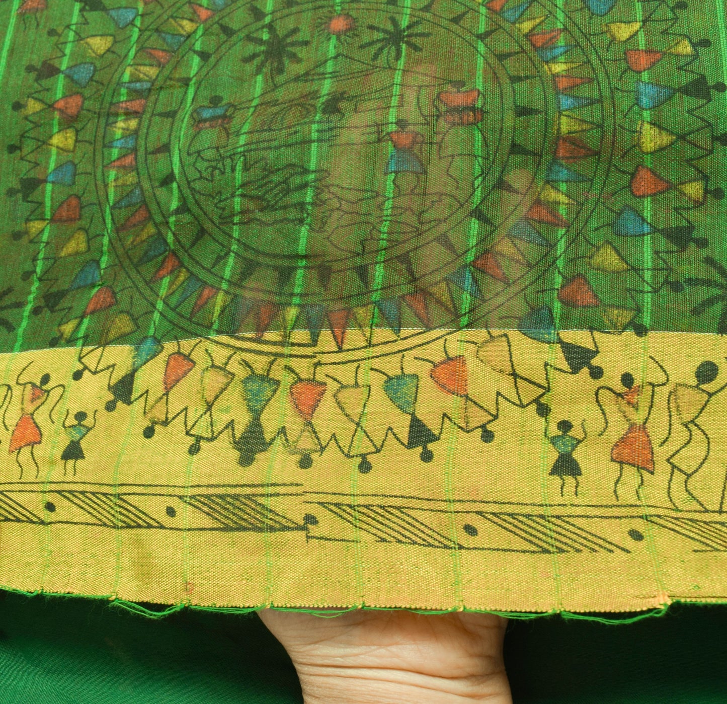 Sushila Vintage Warli Printed Art Silk Saree in Green and Red Sari Craft Fabric