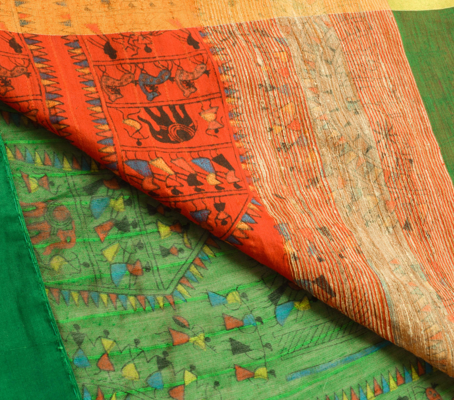 Sushila Vintage Warli Printed Art Silk Saree in Green and Red Sari Craft Fabric