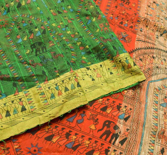 Sushila Vintage Warli Printed Art Silk Saree in Green and Red Sari Craft Fabric