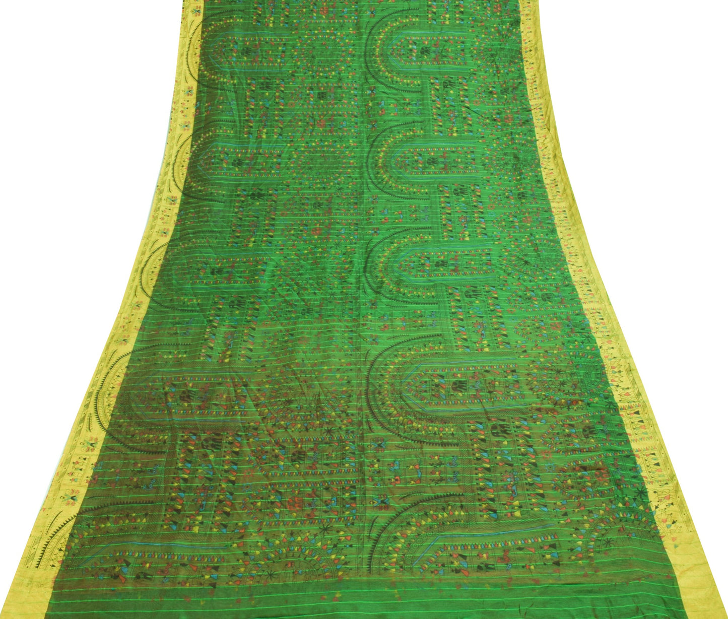 Sushila Vintage Warli Printed Art Silk Saree in Green and Red Sari Craft Fabric