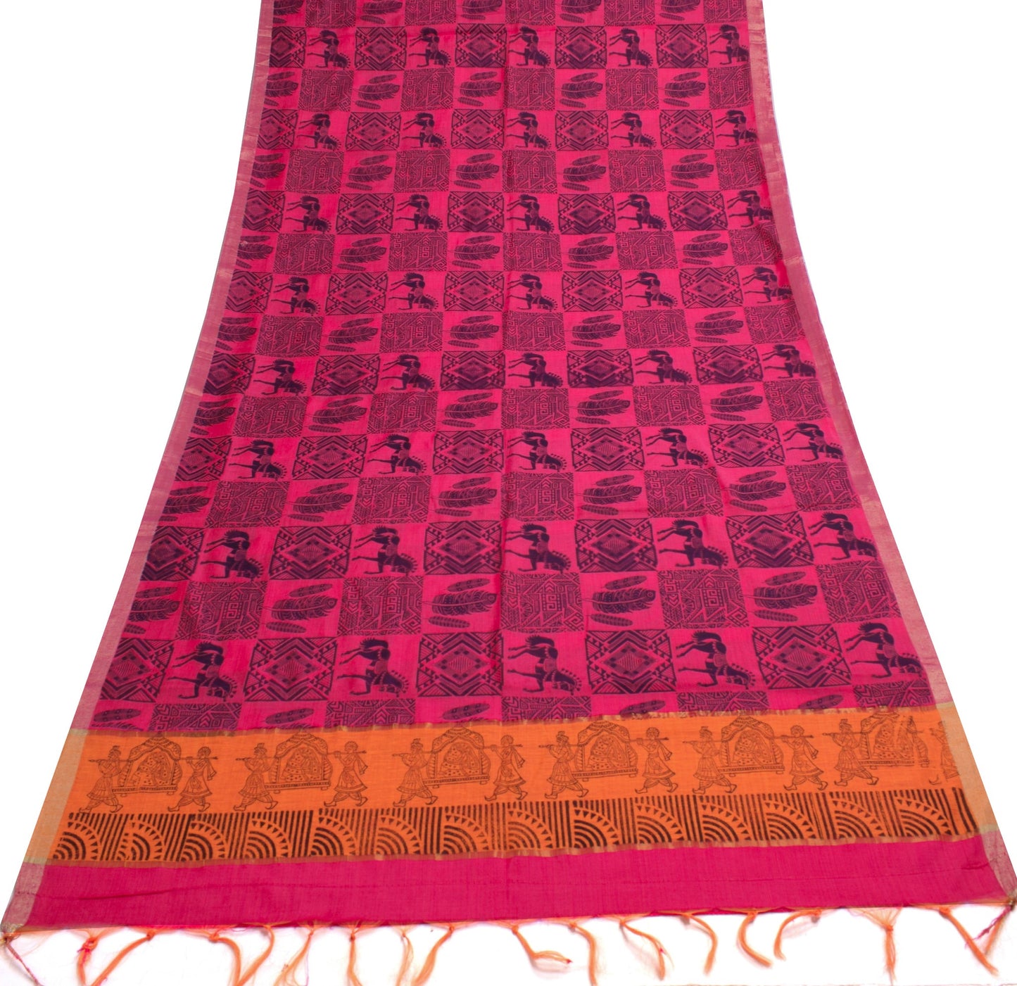 Sushila Vintage Magenta Stunning Saree Cotton Horse Printed Sari Craft Fabric