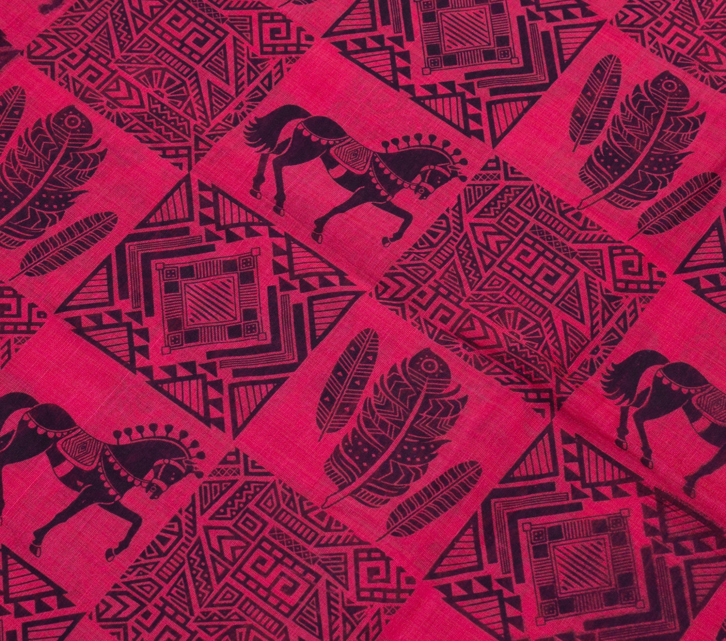 Sushila Vintage Magenta Stunning Saree Cotton Horse Printed Sari Craft Fabric