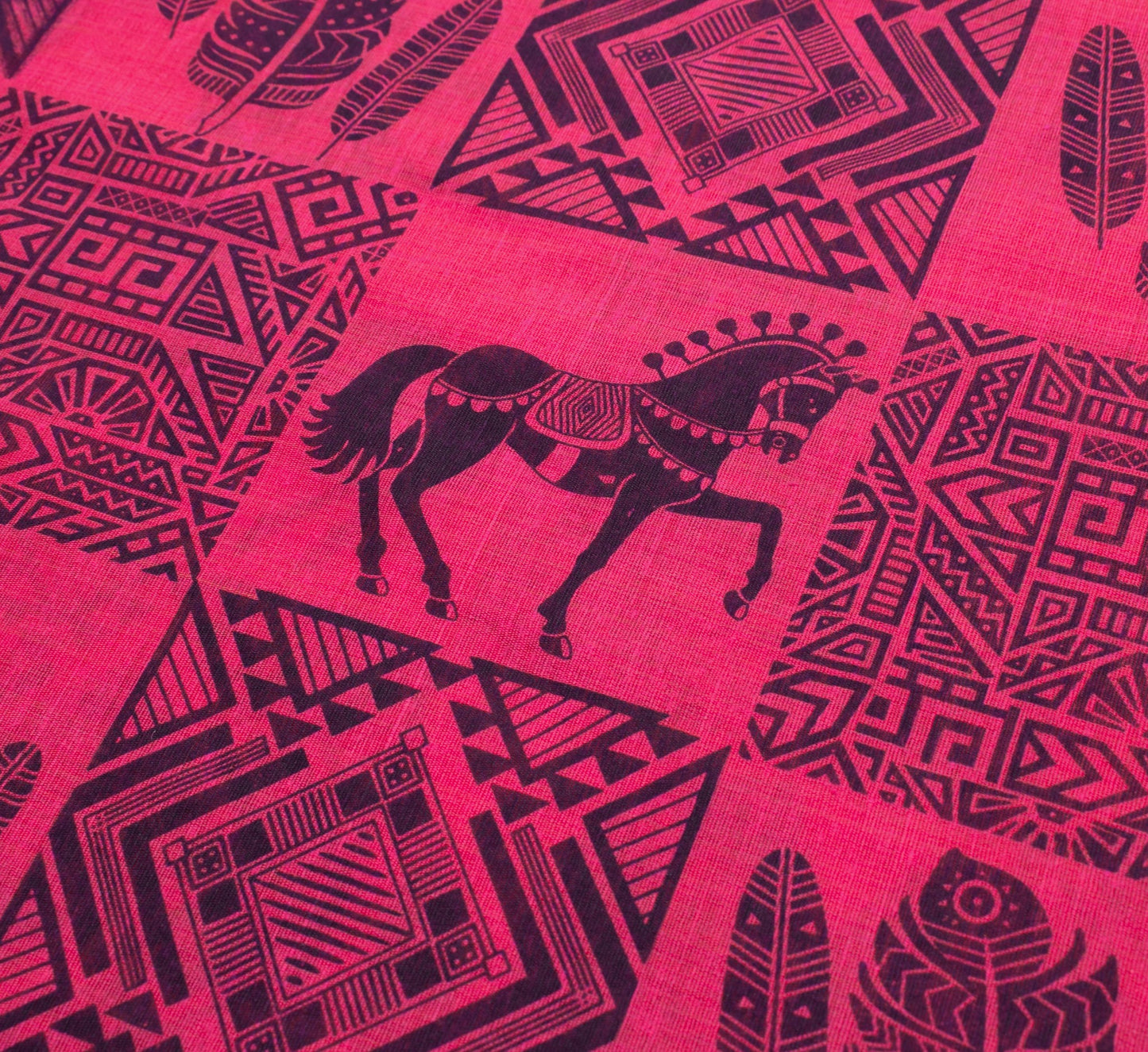 Sushila Vintage Magenta Stunning Saree Cotton Horse Printed Sari Craft Fabric
