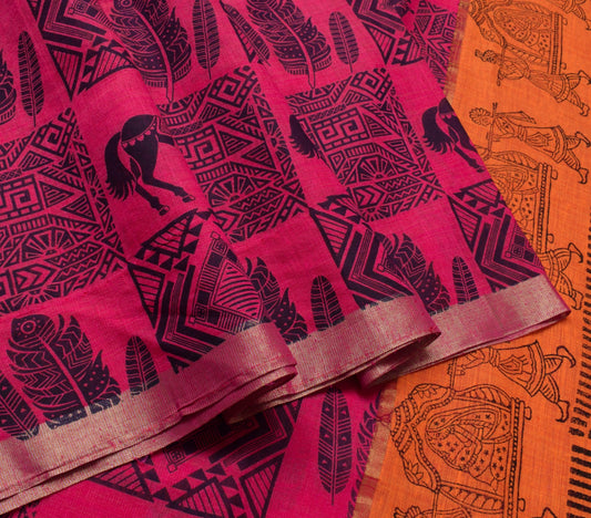 Sushila Vintage Magenta Stunning Saree Cotton Horse Printed Sari Craft Fabric