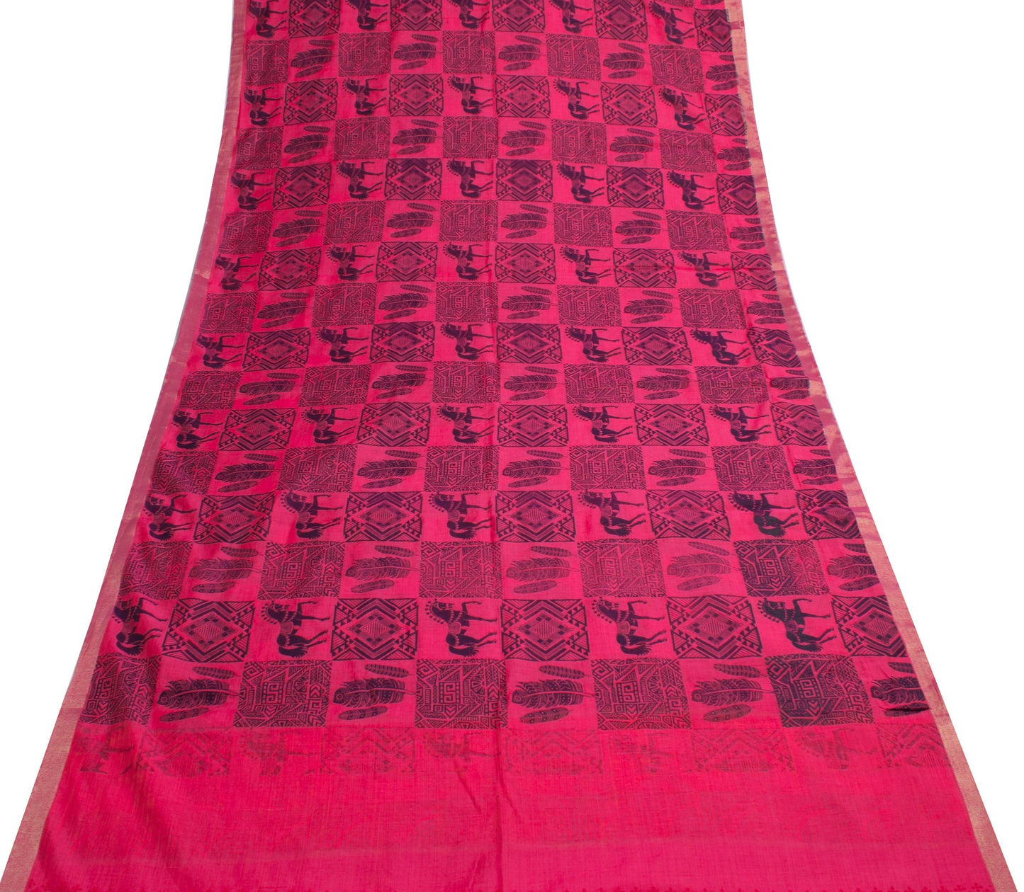 Sushila Vintage Magenta Stunning Saree Cotton Horse Printed Sari Craft Fabric
