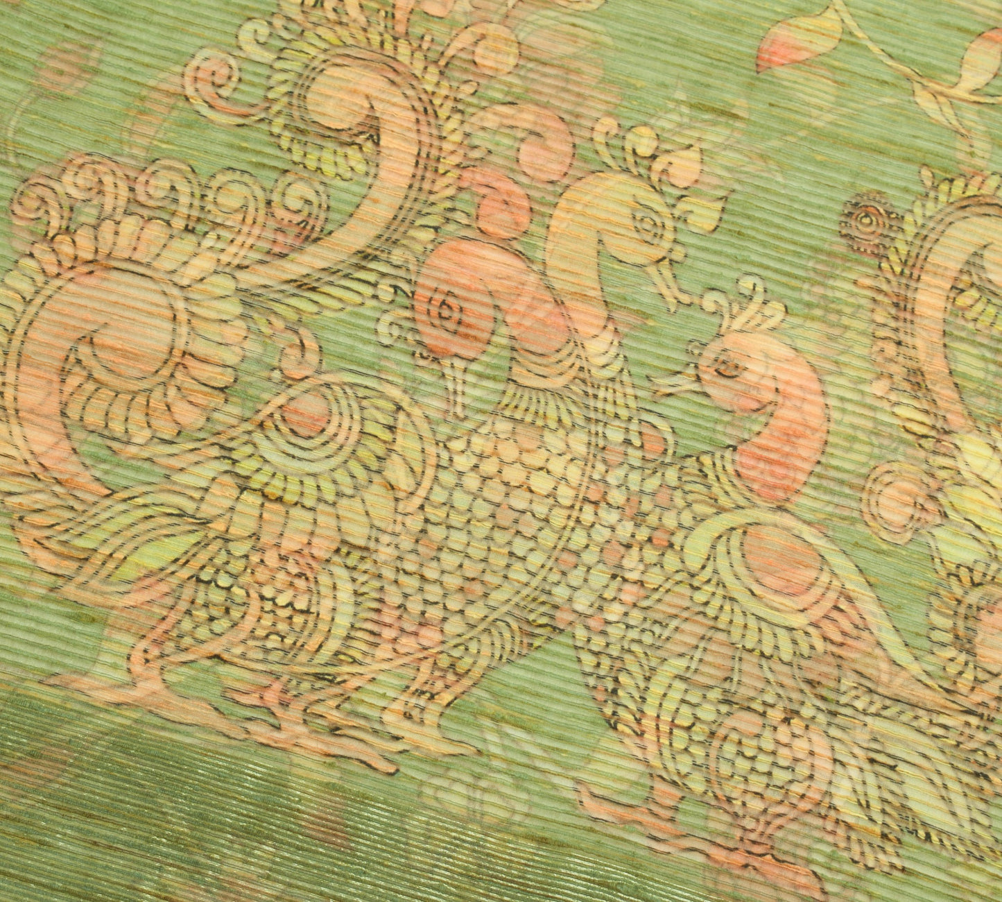 Sushila Vintage Green Silk Saree Kalamkari Printed & Woven Peacock Sari Fabric