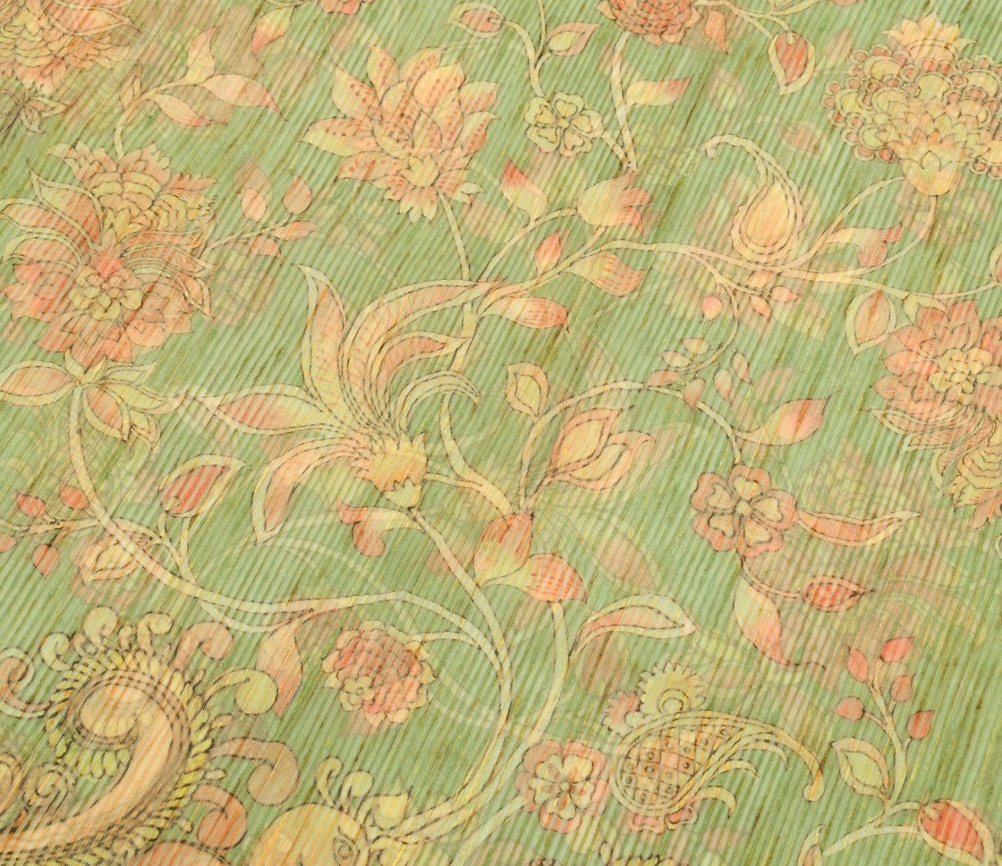Sushila Vintage Green Silk Saree Kalamkari Printed & Woven Peacock Sari Fabric