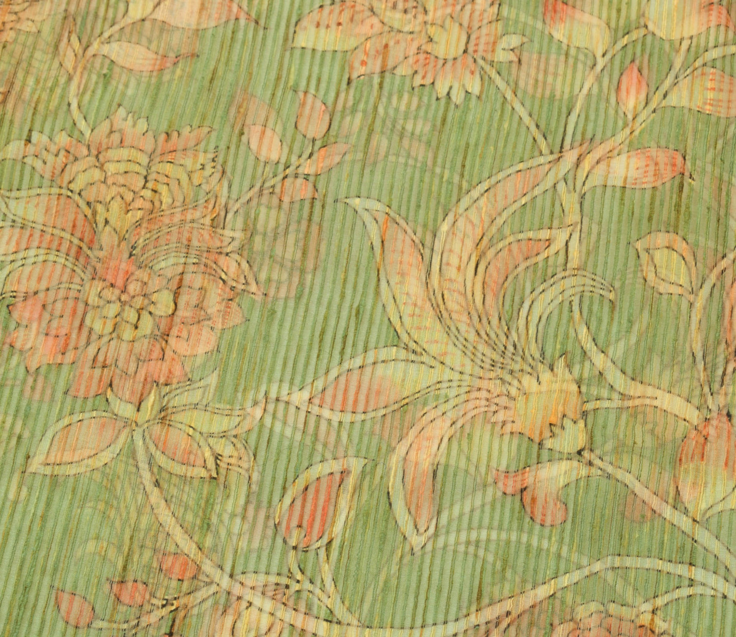 Sushila Vintage Green Silk Saree Kalamkari Printed & Woven Peacock Sari Fabric