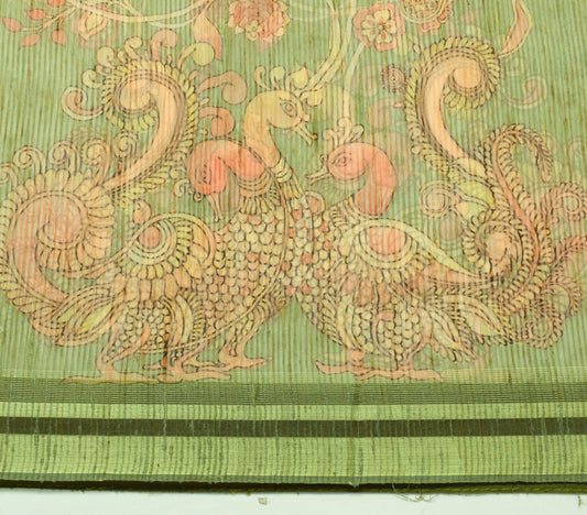Sushila Vintage Green Silk Saree Kalamkari Printed & Woven Peacock Sari Fabric