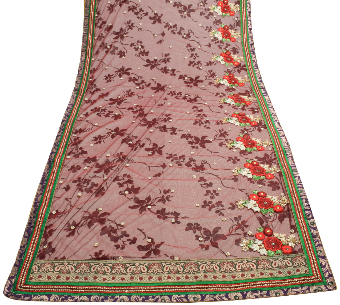 Sushila Vintage Red Black Net Mesh HEAVY Saree Hand Beaded Floral Sari Fabric