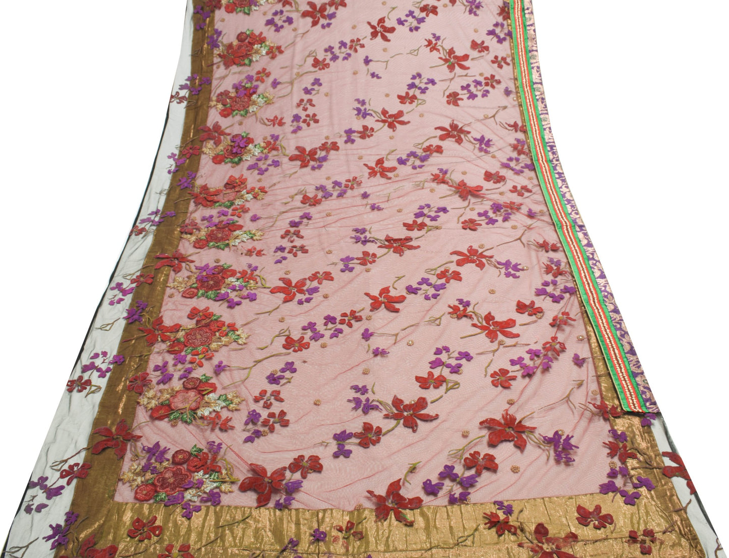 Sushila Vintage Red Black Net Mesh HEAVY Saree Hand Beaded Floral Sari Fabric