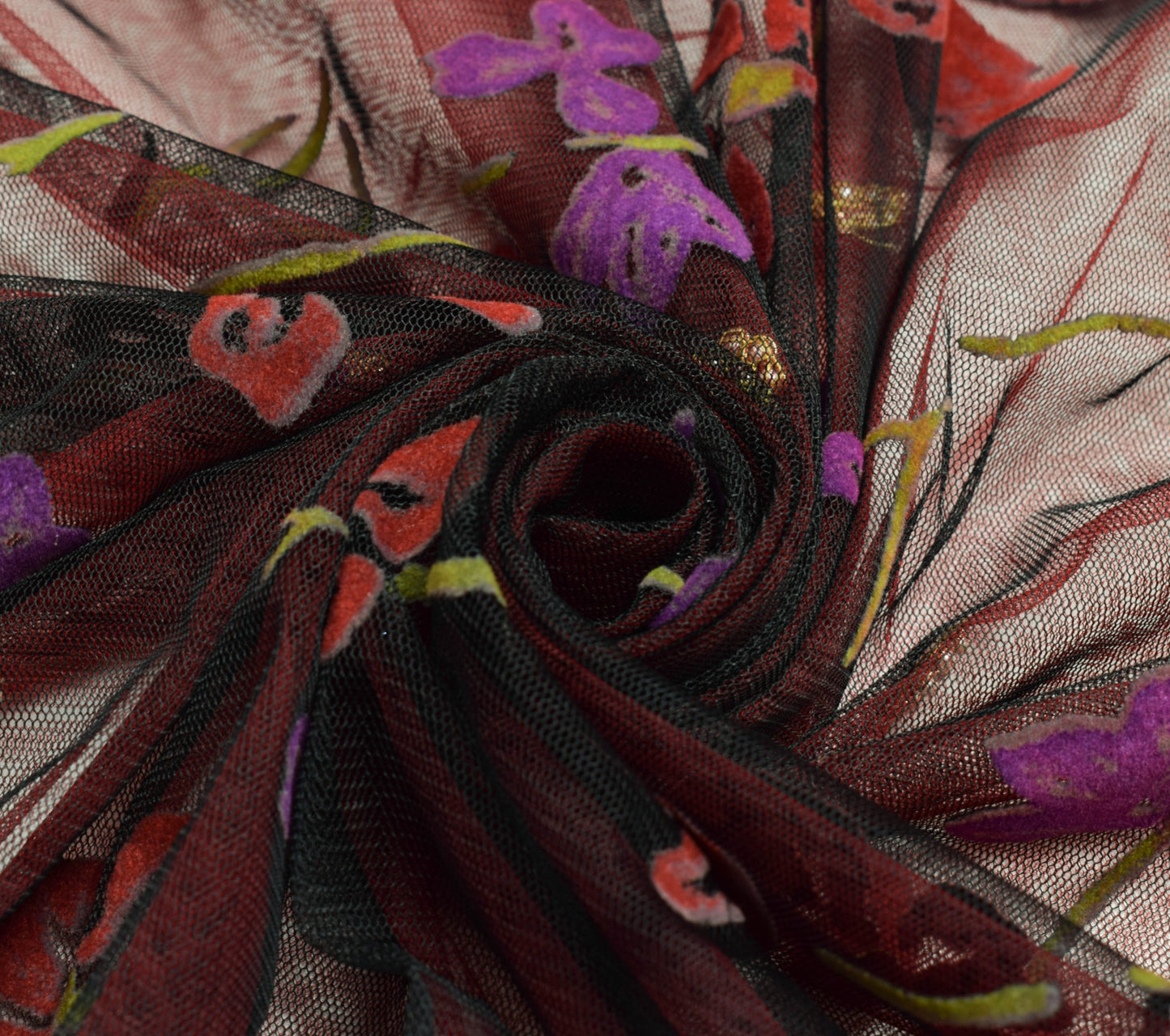 Sushila Vintage Red Black Net Mesh HEAVY Saree Hand Beaded Floral Sari Fabric