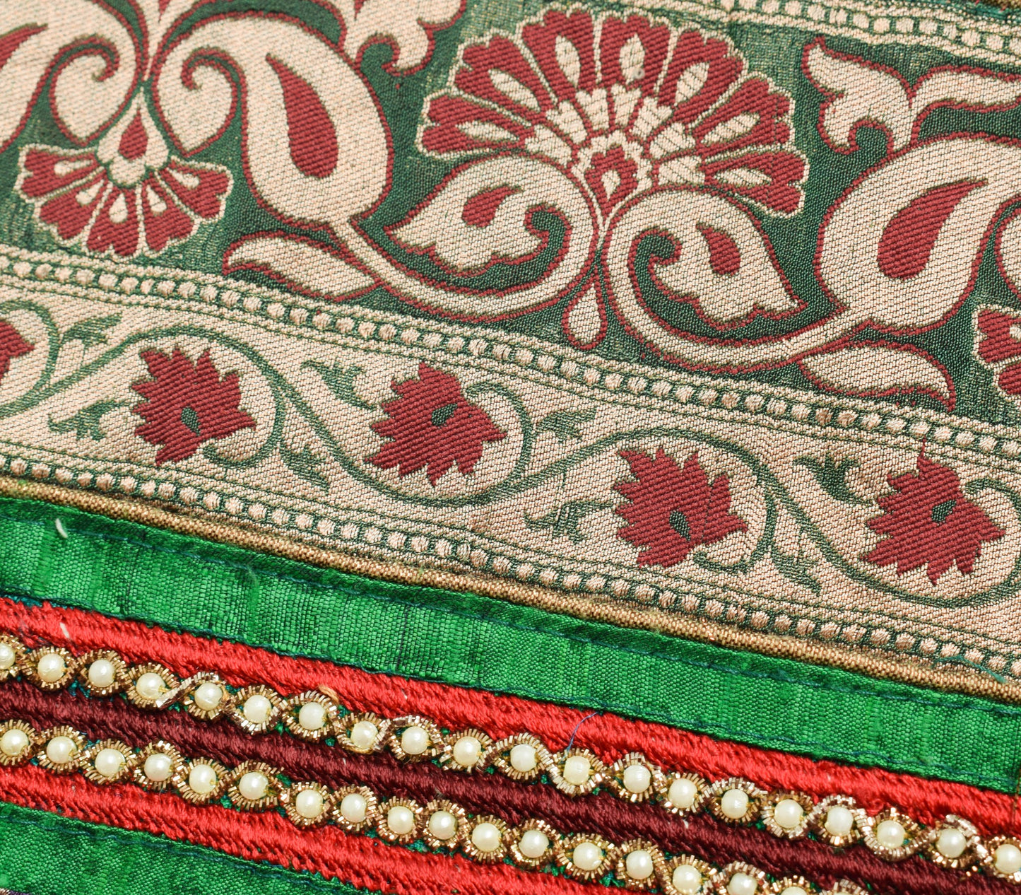 Sushila Vintage Red Black Net Mesh HEAVY Saree Hand Beaded Floral Sari Fabric