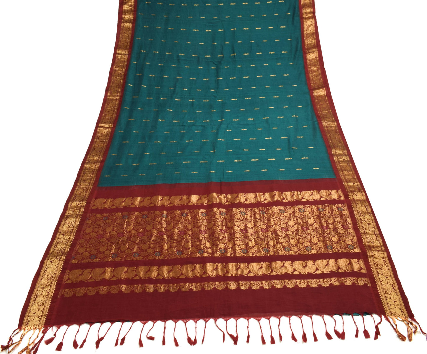 Sushila Vintage Teal Green & Maroon Saree Pure Cotton Zari Brocade Kanjivaram Sari Craft Fabric