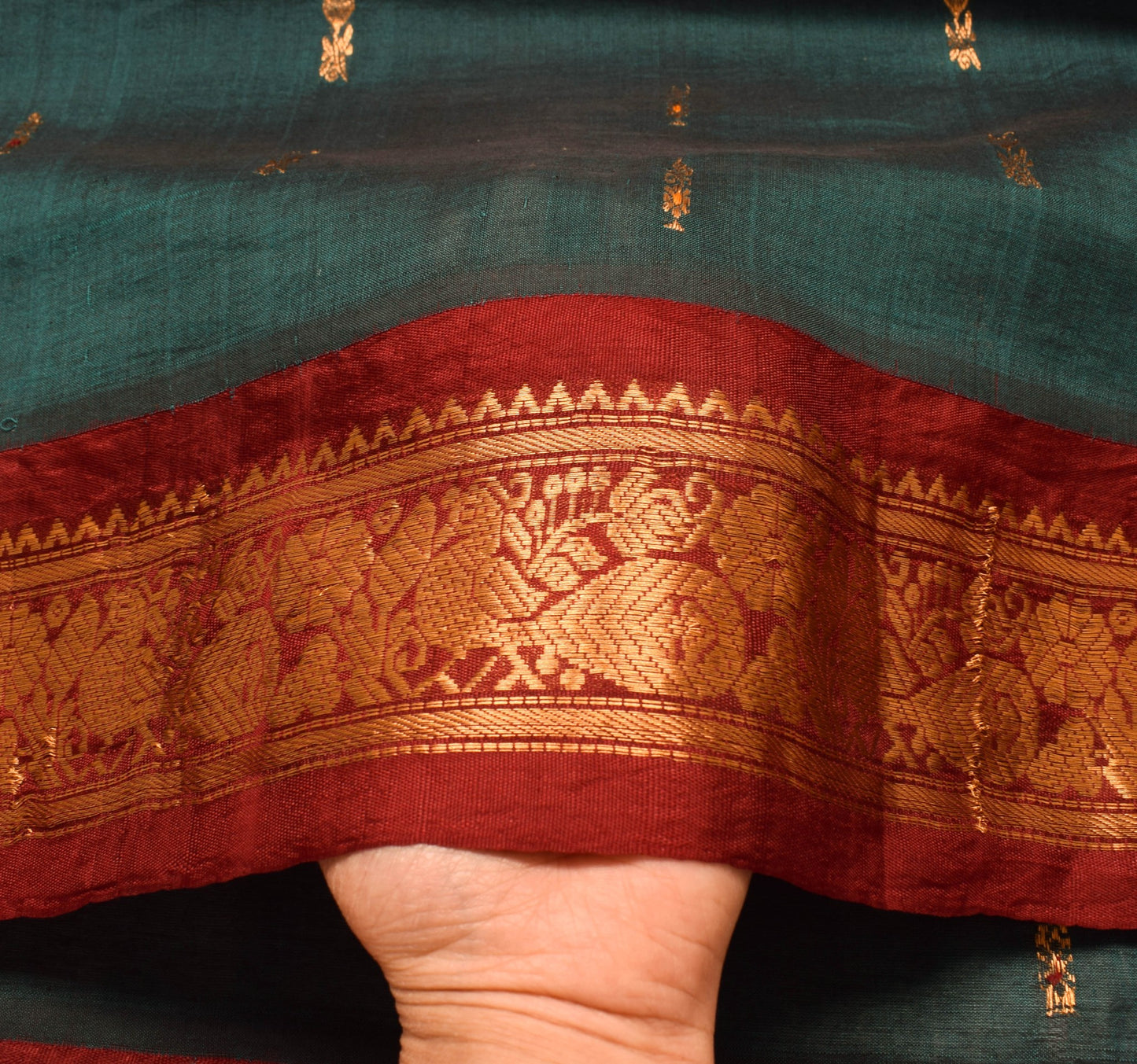 Sushila Vintage Teal Green & Maroon Saree Pure Cotton Zari Brocade Kanjivaram Sari Craft Fabric