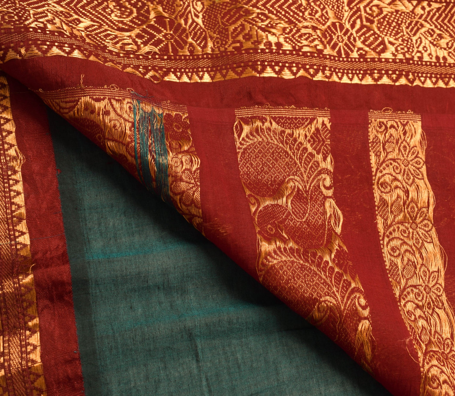 Sushila Vintage Teal Green & Maroon Saree Pure Cotton Zari Brocade Kanjivaram Sari Craft Fabric