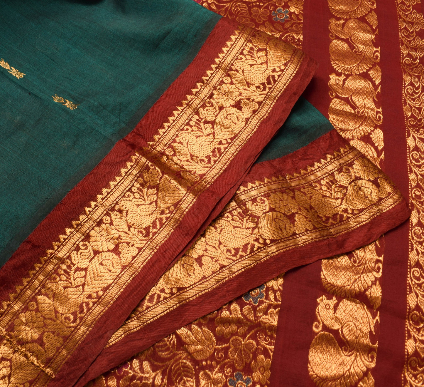 Sushila Vintage Teal Green & Maroon Saree Pure Cotton Zari Brocade Kanjivaram Sari Craft Fabric