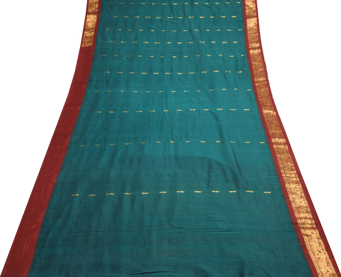 Sushila Vintage Teal Green & Maroon Saree Pure Cotton Zari Brocade Kanjivaram Sari Craft Fabric