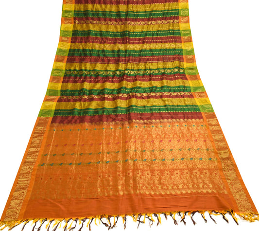Sushila Vintage Kanjivaram Multi-Color Saree for Bright Look Pure Silk Gold Zari Brocade Sari Fabric
