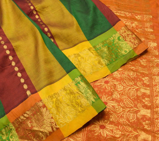 Sushila Vintage Kanjivaram Multi-Color Saree for Bright Look Pure Silk Gold Zari Brocade Sari Fabric