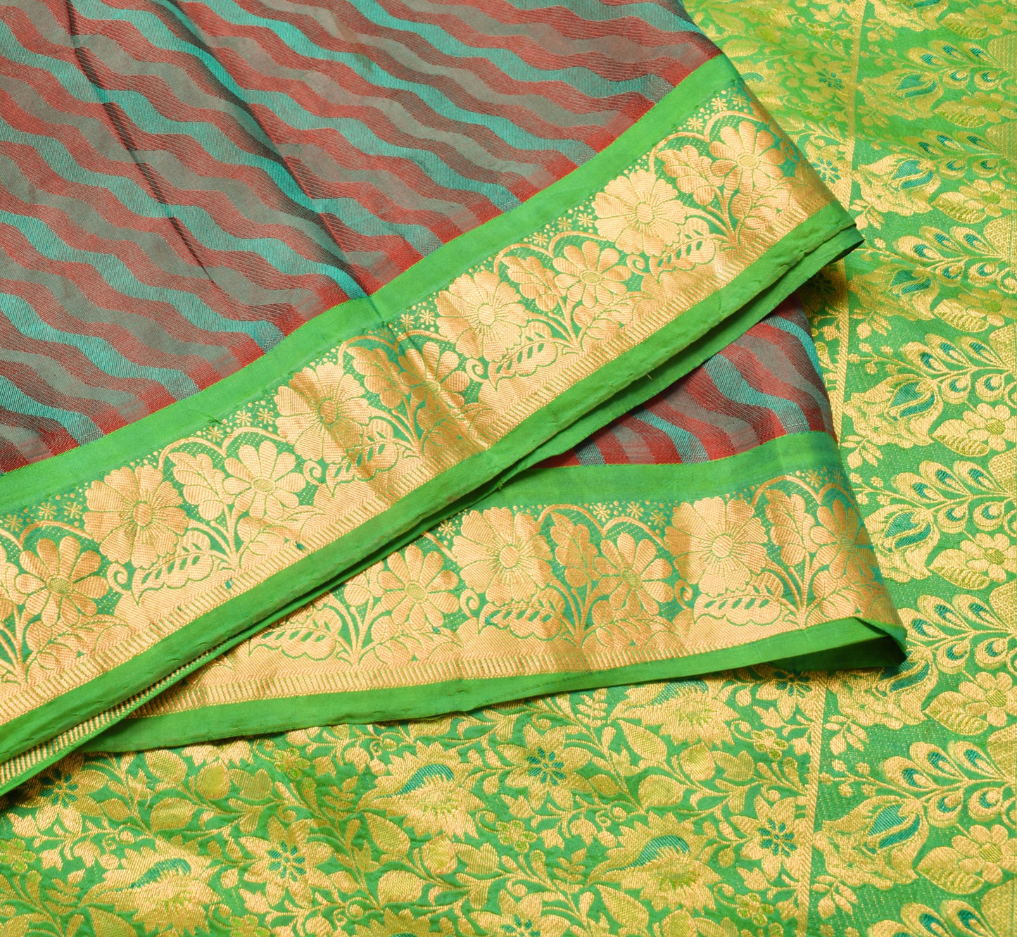 Sushila Vintage Pure Kanchipuram Silk Saree Laheriya Woven Maroon Sari Fabric