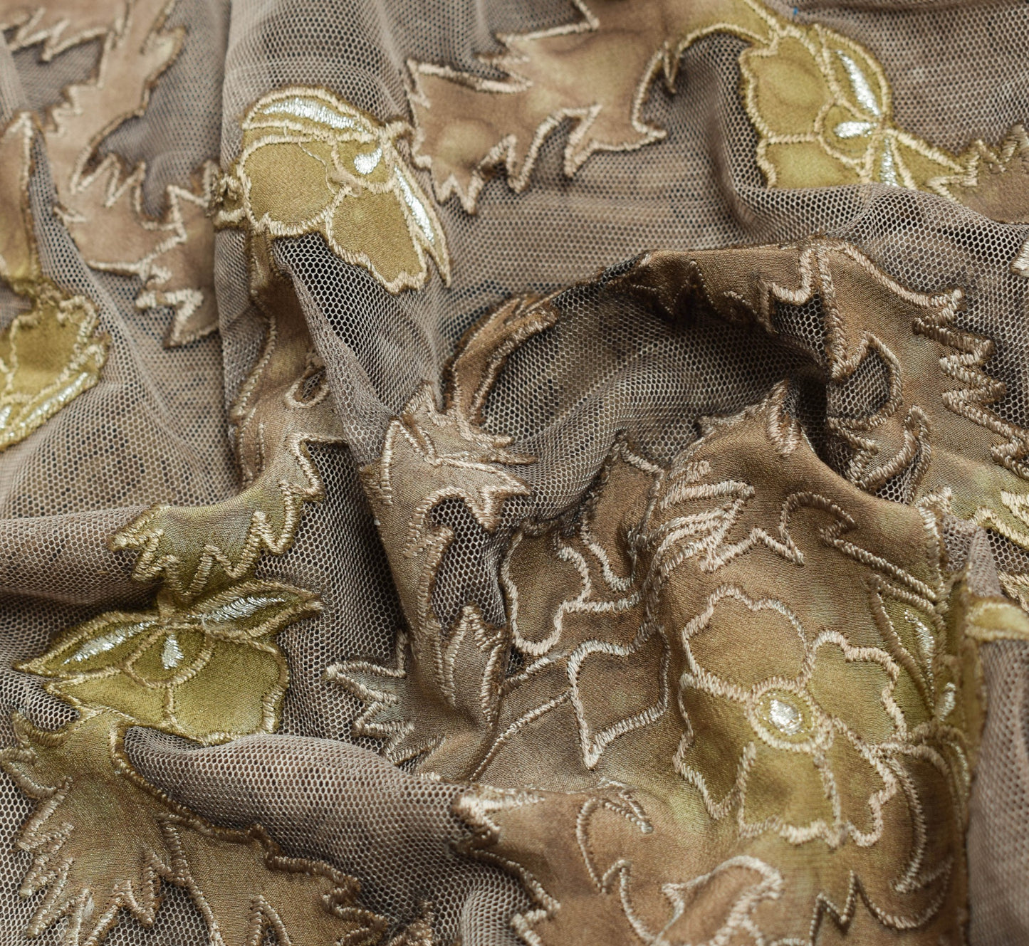 Sushila Vintage Brown Crepe Silk & Net Saree Embroidered Designer Sari Fabric
