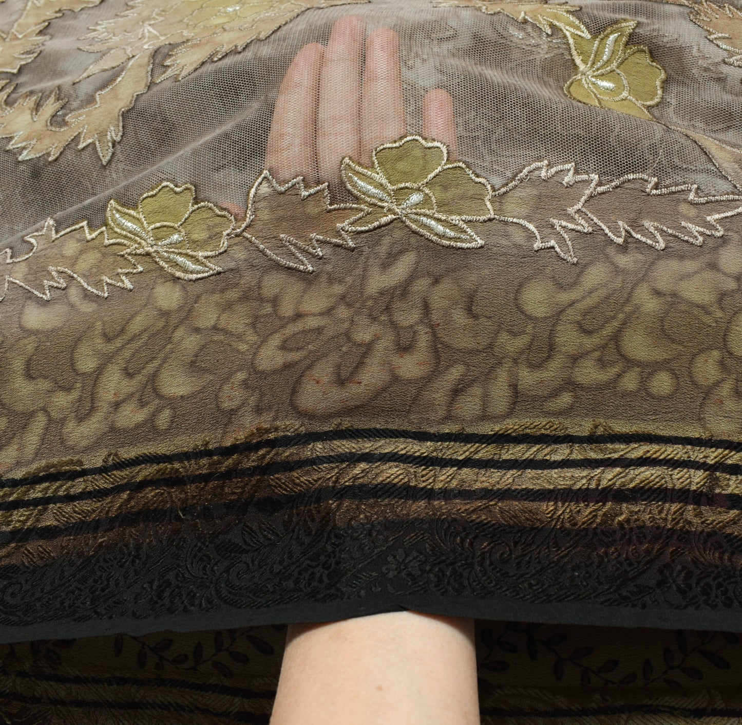 Sushila Vintage Brown Crepe Silk & Net Saree Embroidered Designer Sari Fabric