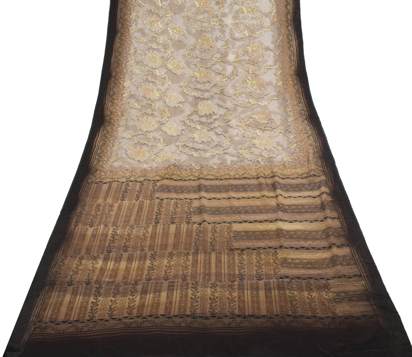 Sushila Vintage Brown Crepe Silk & Net Saree Embroidered Designer Sari Fabric