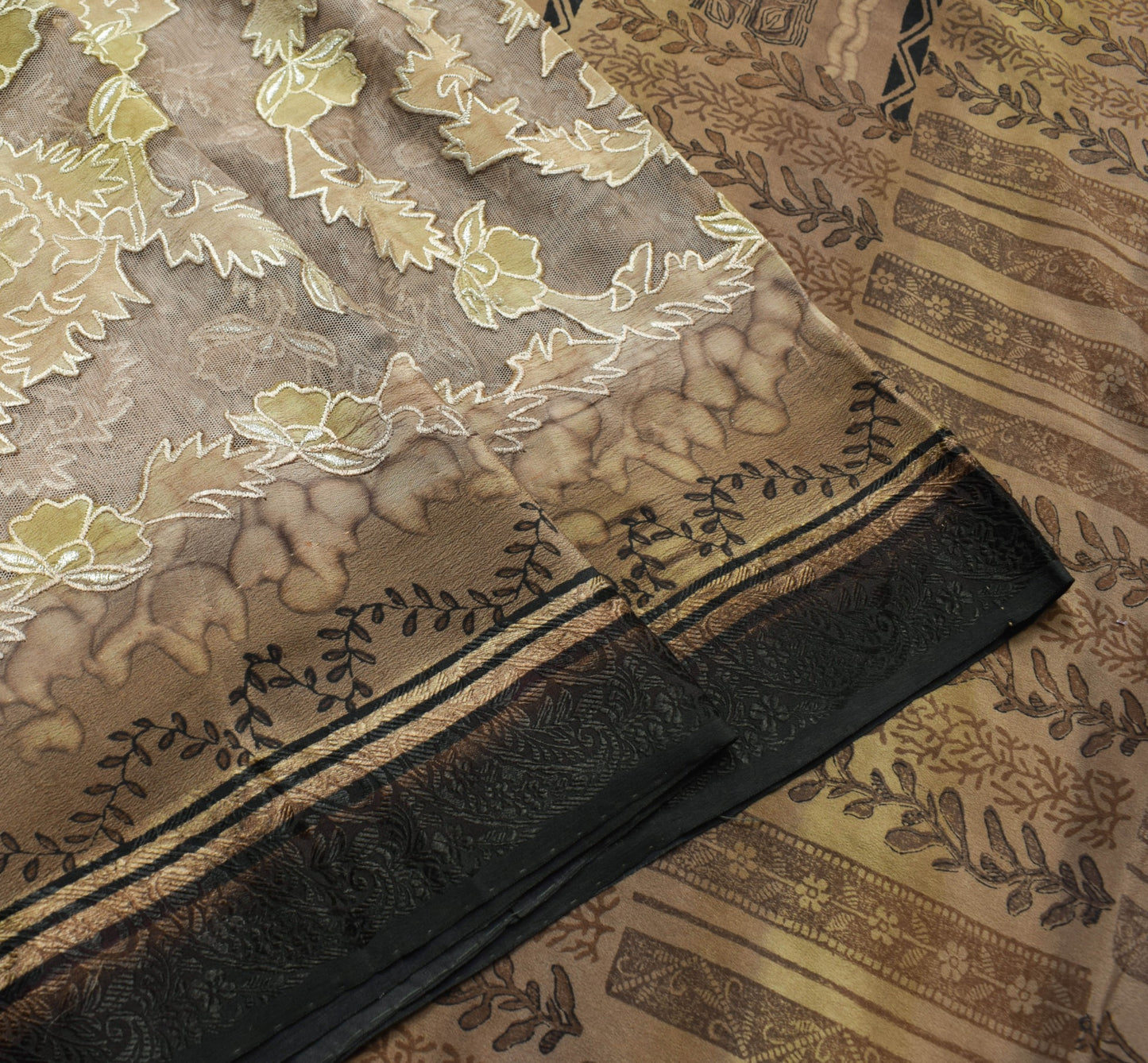 Sushila Vintage Brown Crepe Silk & Net Saree Embroidered Designer Sari Fabric